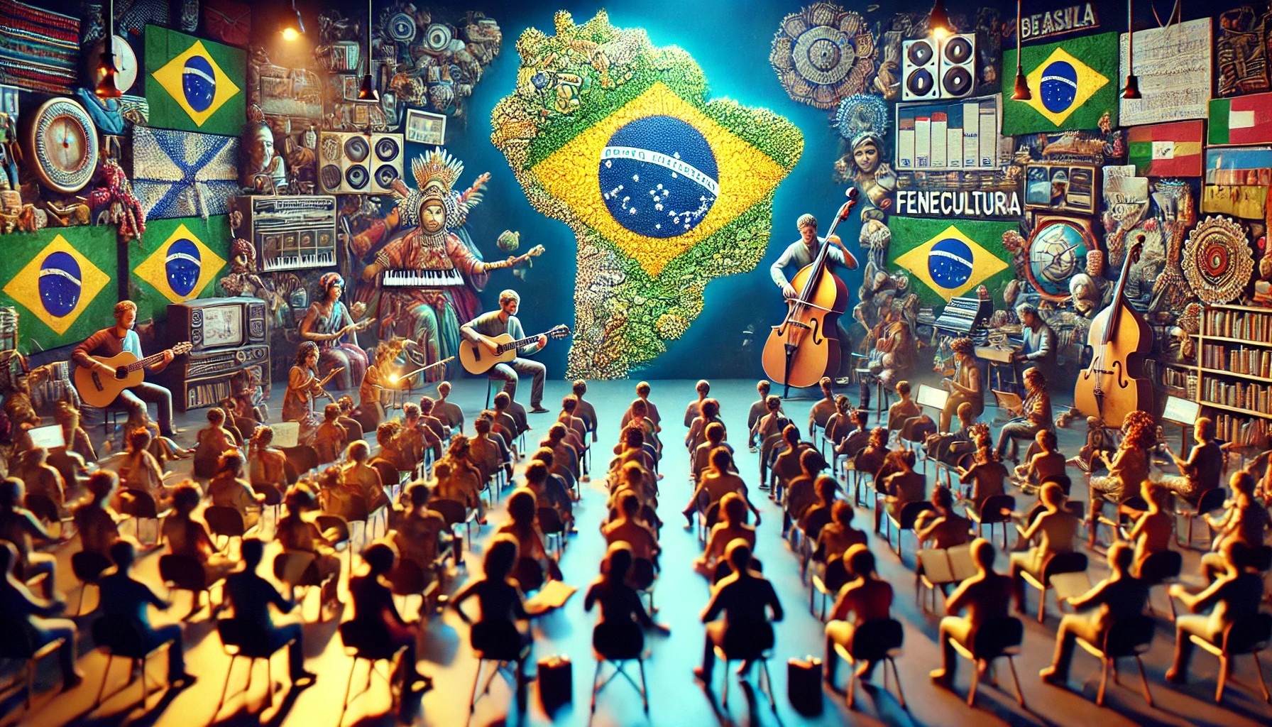 Uma ilustração vibrante que representa a diversidade cultural brasileira e o impacto do programa FeneCultura. A imagem deve incluir elementos como pessoas conectadas em uma rede de colaboração cultural, mostrando artistas, educadores e gestores culturais em diferentes atividades, como danças, palestras e apresentações. Ao fundo, deve haver um mapa do Brasil estilizado com cores vibrantes, destacando as cidades impactadas pelo programa. A imagem também deve transmitir um tom inclusivo e celebrativo, com elementos como livros, instrumentos musicais, câmeras de vídeo, e telas representando tecnologia. Estilo digital moderno, com cores alegres e um clima otimista.